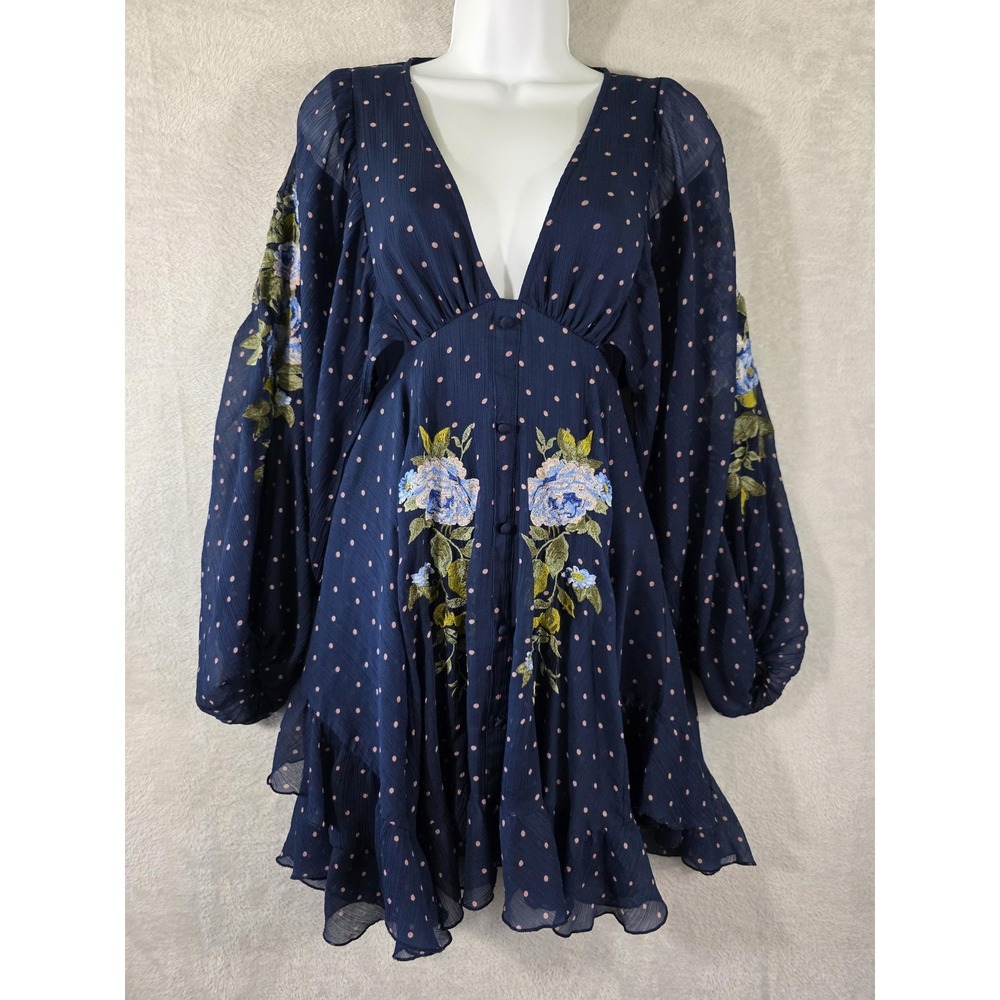 ASOS DESIGN Dress Women 2 Navy Floral Embroidered Polka Dot Open Back Mini Lined